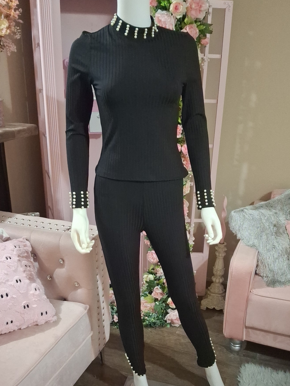 Black Ribbed Pearl-Trim Two-Piece Jumpsuit Set NWOT Size S